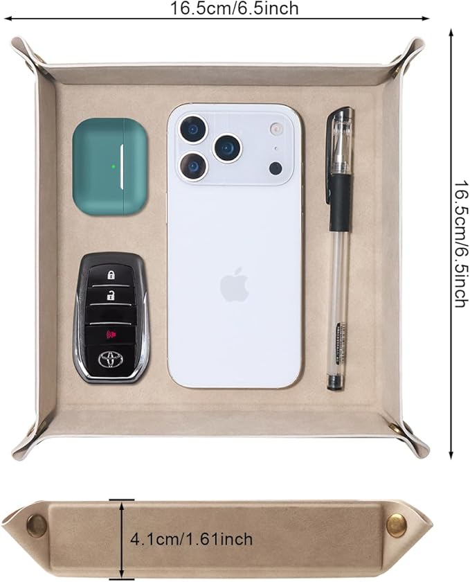 Valet Tray Desktop Storage Organizer – Premium PU Leather Catchall Bedside Vanity Tray Nightstand Caddy Holder for Remote Controller, Keys, Phone, Wallet, Coin, Jewelry,Apricot
