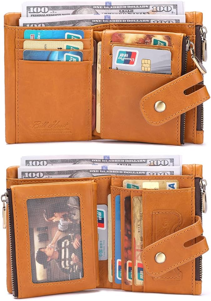 Mens Wallet with Chain Genuine Leather Purse RFID Blocking Biker Bifold Wallet with Anti-Theft Chain