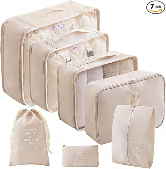 Packing Cubes for Travel - 7 Set Luggage Organizer Bags for Family, Mesh Breathable Travel Packing Cubes for Suitcases Durable Essentials Bags Set with Large Toiletries Bag(Beige)