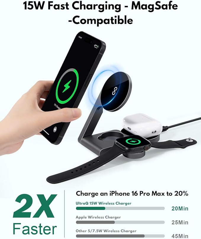 2026 3 in 1 Wireless Charging Station Mag-Safe Fast Charging Station for Apple MagSafe Charger, with USB C Charger, Foldable Charging Magnetic Wireless Charger Stand, Space Aluminum Travel Charger