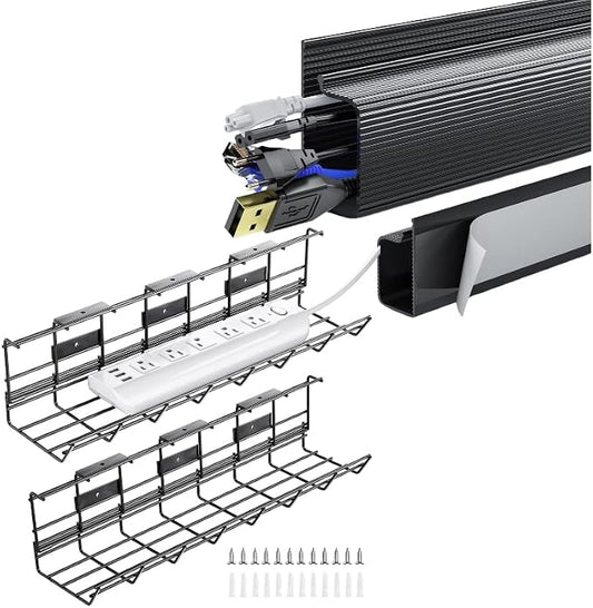 2 Pack Under Desk Cable Management Tray Desk Cable Organizer Metal Wire Cord Management Cable Management Under Desk 31.5'' J Channel Cable Raceway Cord Hider Desk Cable Tray