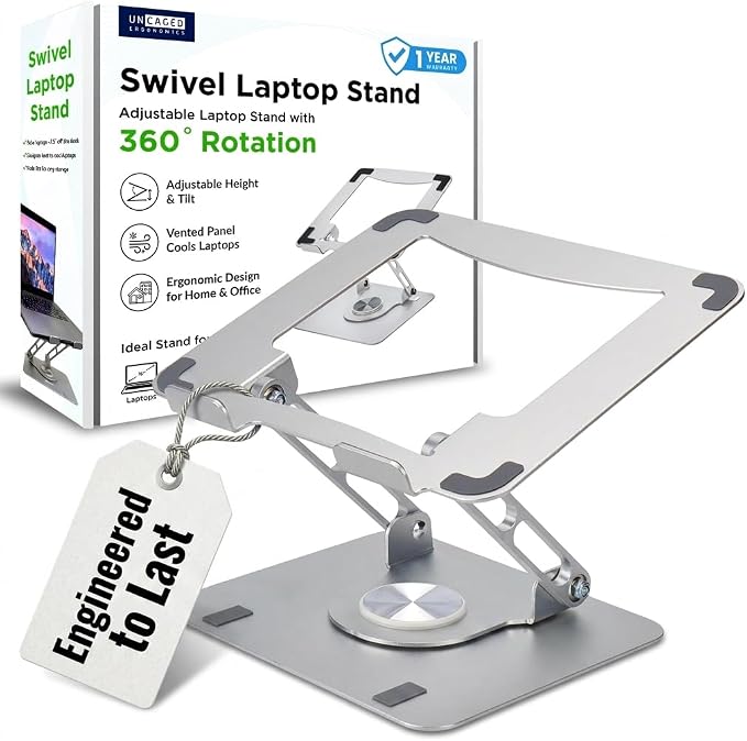 Uncaged Ergonomics Swivel Laptop Stand for Desk, Adjustable Computer iPad Stand for Desk w/ 360 Rotation, Portable Laptop Holder for Home Office Ergonomic Supplies (Arctic Silver)
