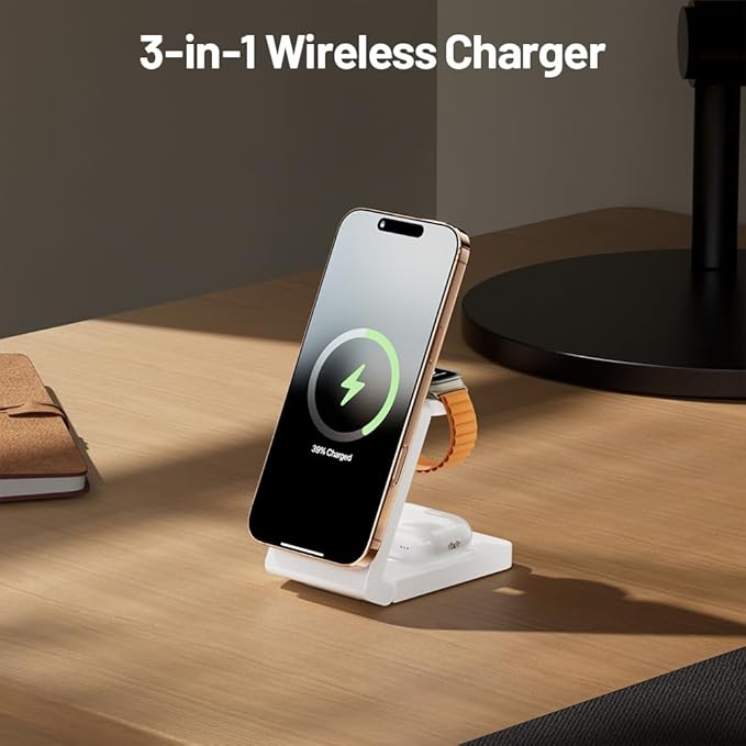 3 in 1 Wireless Charger Station for Multiple Devices, Foldable Magnetic Charging Stand, Portable Fast Travel Charger for iPhone 17/16/15/14/13/12 Pro Max/AirPods 2/3/4/Pro iWatch Ultra Series
