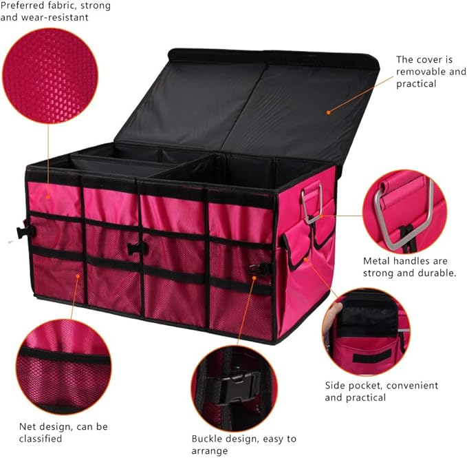 Car Trunk Organizer for SUV, Truck, Auto. Durable Collapsible Cargo Storage. With Extremely Strong Non-Slip Bottom Strips, Waterproof Bottom, Durable Materials(Large covered,Rose Red)