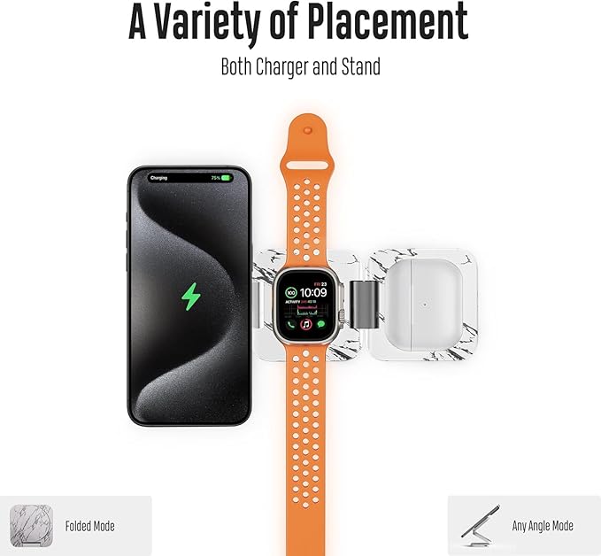 KU XIU Fast Wireless Charger, Magnetic Foldable 3 in 1 Charging Station for iPhone 17/16/15/14/13/12 Pro/Plus/Pro Max, 5W Portable Charger for Apple Watch9/8/7/6/5/4/SE, for Airpods