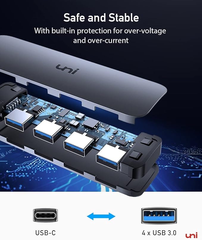 uni USB C to USB Hub 4 Ports, Aluminum USB Type C to USB Adapter with 4 USB 3.0 Ports, Thunderbolt 3 to Multiport USB 3.0 Hub Adapter for MacBook Pro/Air 2020/2019, iPad Pro, Dell, Chromebook and more