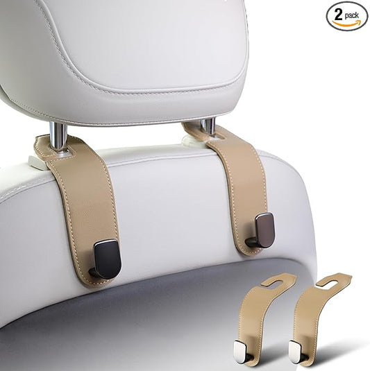 Car Headrest Hook, 2 Pack Leather Car Seat Hooks for Purses and Bags, Car Organization Accessories (Tan)