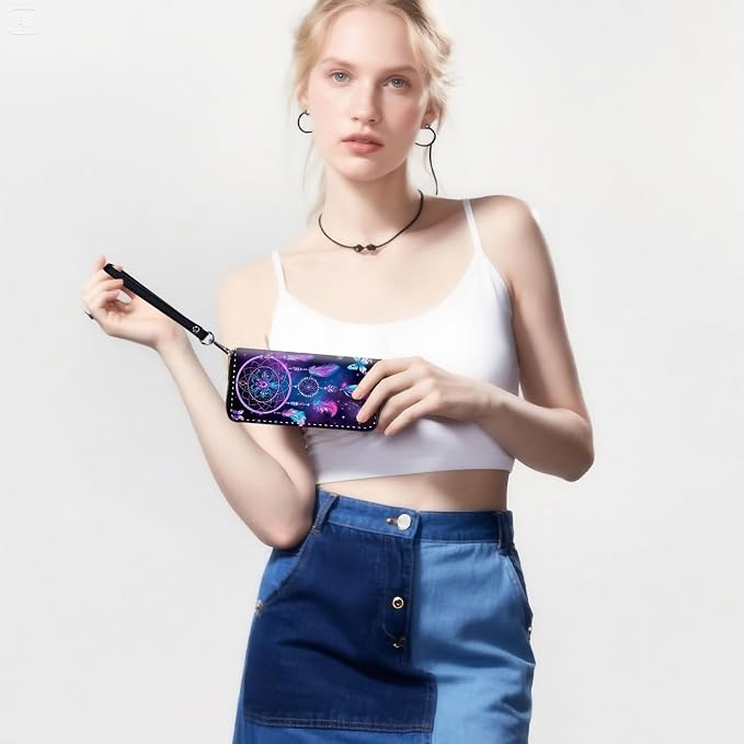 RFID-Blocking Zip Around Wallets for Women with Detachable Wrist Strap,Large Capacity Phone Holder with Card Organizer & Coin Pocket,Butterfly Dream Catcher