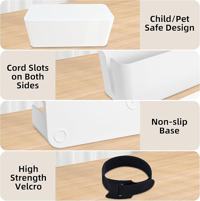 YaeCCC Cable Management Organizer Box Power Strips Hider Power Cords Hider for Desk, TV, Computer, USB Hub,Cords (Set of Three) White