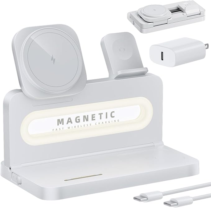 3 in 1 Wireless Charging Station for Apple MagSafe Charger,Magnetic Wireless Charger Stand for iPhone 16 15 14 13 12,Foldable Nightstand Charging Dock for Apple Devices iWatch,AirPods with Night Light