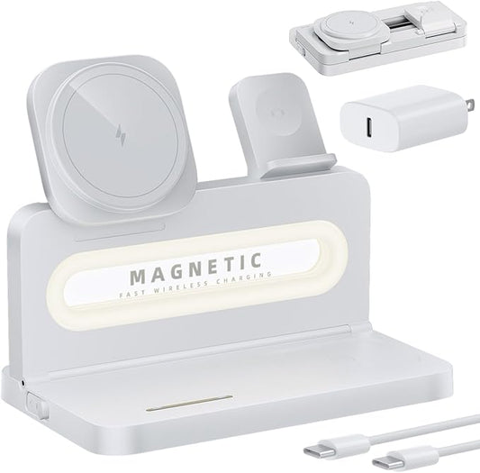 3 in 1 Wireless Charging Station for Apple MagSafe Charger,Magnetic Wireless Charger Stand for iPhone 16 15 14 13 12,Foldable Nightstand Charging Dock for Apple Devices iWatch,AirPods with Night Light