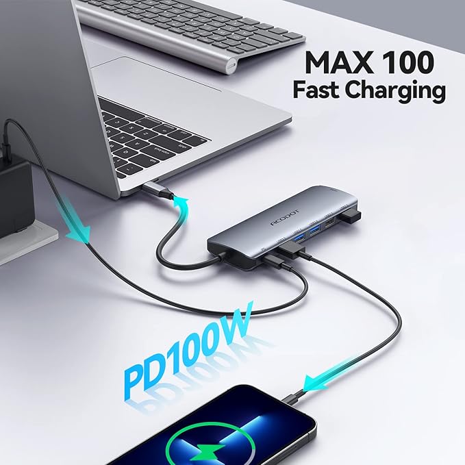 USB C Hub, 9 in1 Multi-Port USB Adapter for Laptop/Mac, 4K@60Hz USB C to HDMI Splitter, 100W Max PD, 3 USB3.0 + 2 USB2.0 Data Ports, SD/TF Card Reader, for Type C Devices