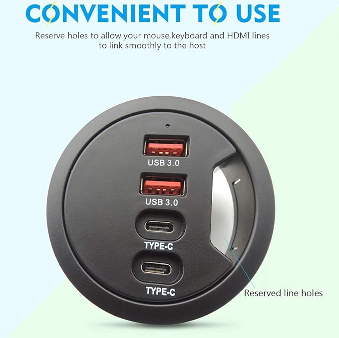 Grommet Desk-Fit USB 3.0 Hub (Diameter 2.36" or 60MM) 2 Port Type A&2 Port Type C,Compatible Charging and Data Transmission,