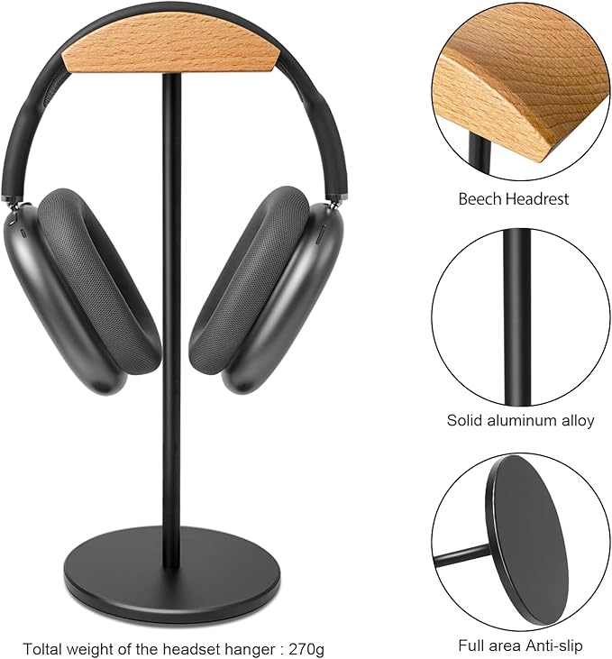 Headphone Stand for Desk - Gaming Headset Stand with Wooden Support Plate, Headset Holder with Aluminum Alloy Support Rod