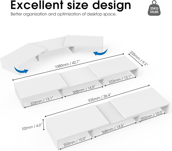 FITUEYES Dual Monitor Stand – 3 Shelf Computer Monitor Riser, Wood Desktop Stand with Adjustable Length and Angle, Desk Accessories, Office Supplies Medium White, DT108008WW