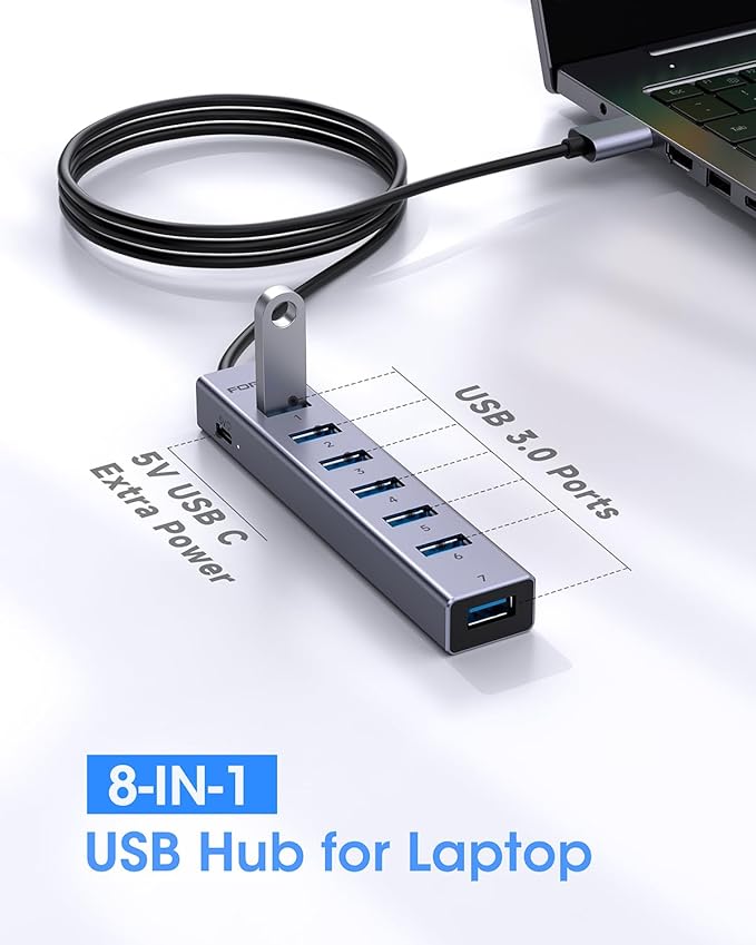 FORIDA Aluminum Alloy 8 Port USB Hub Long Cable USB Splitter with 7-USB3.0 Data Ports and TypeC 5V/3A Power Port Compatible with MacBook, Laptop,Surface Pro, PS5, PC and More (Gray, USB A-47in)
