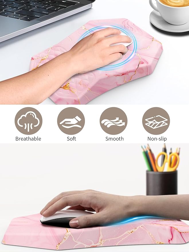 3-in-1 Ergonomic Keyboard Stand with Wrist Rest & Mouse Pad Set, Comfy Keyboard Riser Holder Soft Mousepad with Massage Design, Memory Foam and Non-Slip PU Base for Pain Relief, Pink Marble