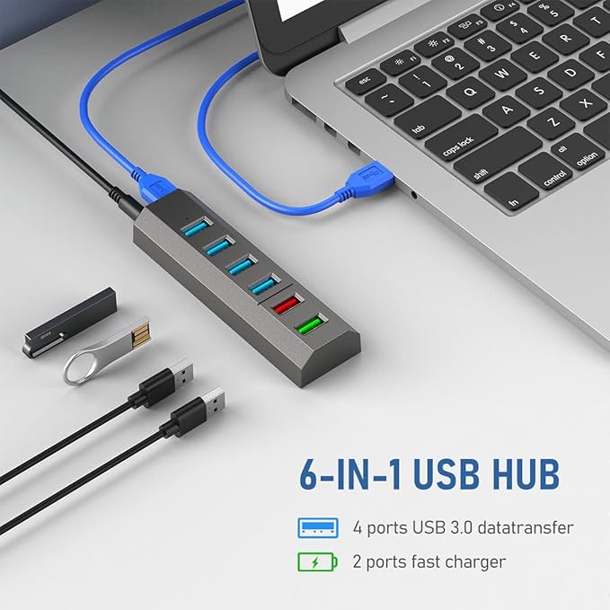 USB Hub, Aiibe 6 Ports Super High Speed USB 3.0 Hub Splitter + Power Adapter + USB 3.0 Cable, Powered USB Hub - Gray
