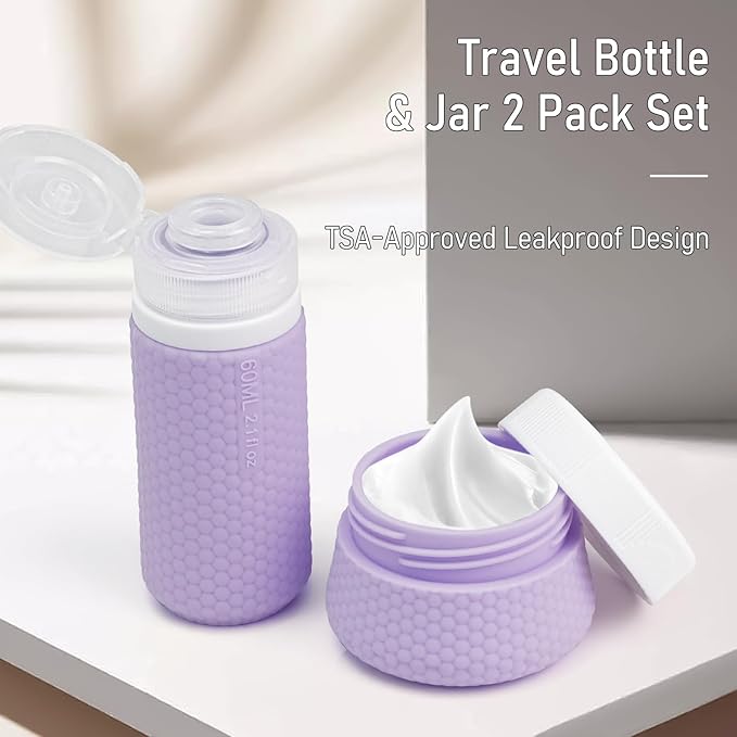 Travel Bottles for Toiletries 2oz 60ml 2 Pack + Cosmetic Jar 40ml 1.35oz Luxury Leather Pattern, Anti-slip Silicone Premium Refillable Bottle Set with Facial Brush On-the-go, Lavender Purple