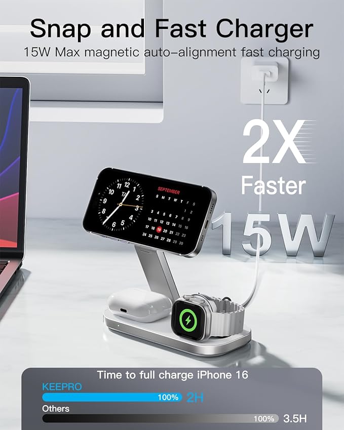 Keepro 3-in-1 Charging Station for Apple Device, Foldable Magnetic Wireless Fast Charger Stand Compatible with MagSafe for iPhone 17e/17/16/15/14/13/12/Air Series, Apple Watch & AirPods-White