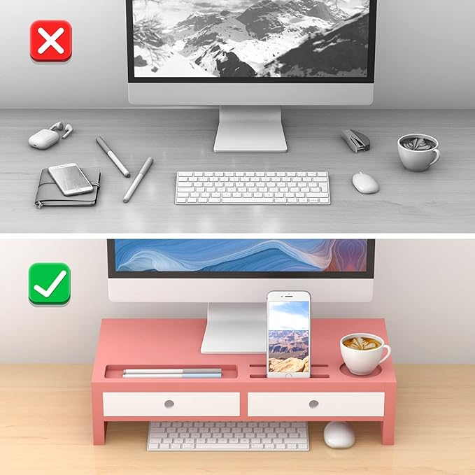 Monitor Stand Riser with Drawer - Pink & White Laptop Stand, Bamboo Desktop Shelf Organizer for Computer, TV, Printer, Office Supplies & Accessories with Phone Holder & Cups Slot, No Assembly Needed