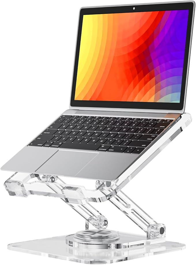 Laptop Stand for Desk - Adjustable, Foldable Clear Acrylic Riser with 360° Rotating Base, Ergonomic Laptop Holder for MacBook Pro/Air & 10-16” Notebooks