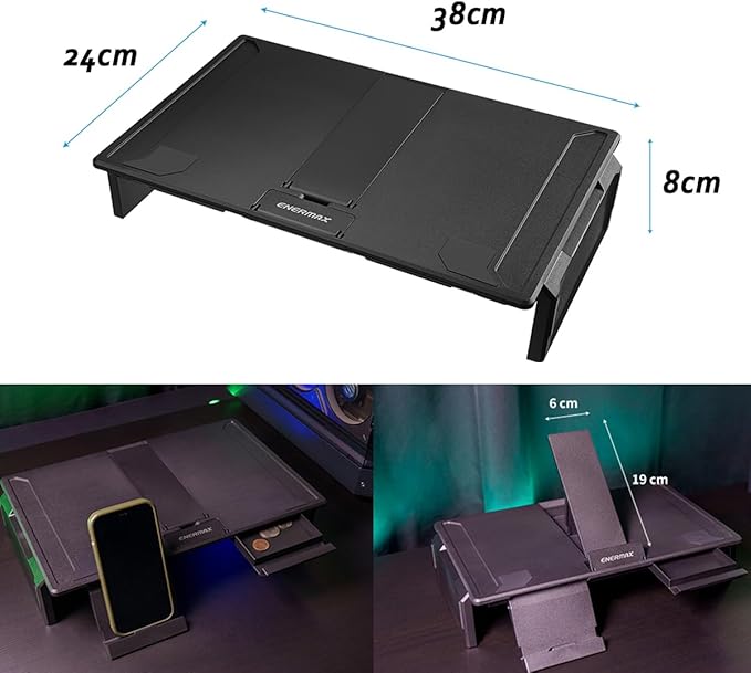 Enermax TANKSTAND-DF Dual-Function Foldable Laptop, Tablet & Monitor Stand w/Tilt Angle Adjustments, Built-in Storage/Phone Stand, Compatible 10" to 15.6", Up to 33lb/15kg (EMS004)