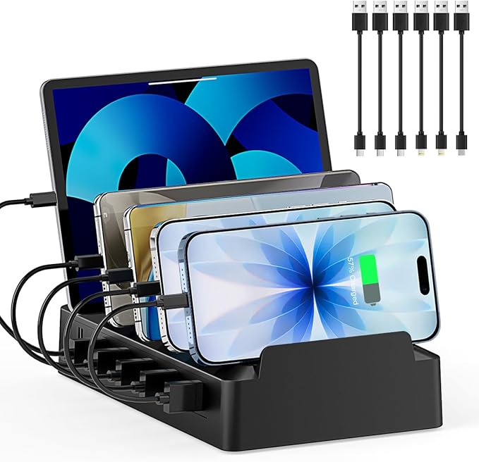 Charging Station for Multiple Devices, 6 Port USB Desktop Charger Dock Compatible with iPad, Samsung, Android, Tablet, Family Multi Phone Charging Organizer with Divider Holders, Fireproof ABS (Black)