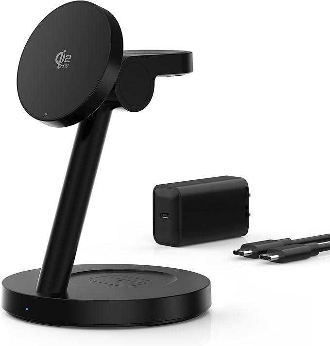 Qi2 25W 3 in 1 Wireless Charging Station for iPhone Samsung | 2-year warranty, MagSafe, strong magnet, 18.5° tilt adjustment, 45W PD adapter, ideal for nightstand office desk travel