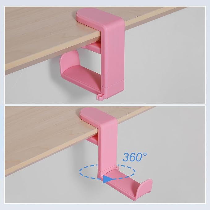 HARFINGTON Headphone Stand Holder 360 Degree Adjustable Clamp Desk Hook Clamp 0.39"-1.65" Clamping Range PC Gaming Headset Stand for Headphone Earphone, Pink