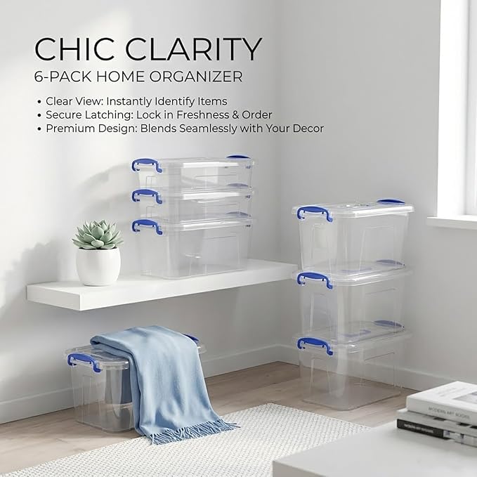 6-Pack Clear Plastic Storage Bin with Lids, Stackable Organizer Box with Latching Handle, 6.5L/7quart
