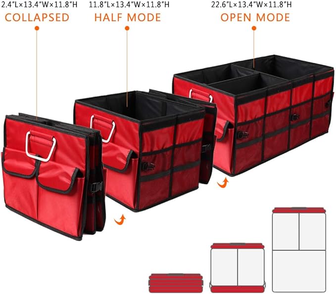 Car Trunk Organizer Collapsible Portable Multi Compartments Organizer with Non Slip Straps for SUV Truck Auto Vehicle Car Auto Minivan (Large without cover, Red)