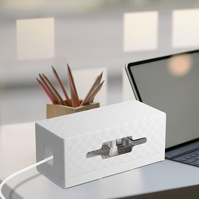 Cable Management Organizer Box with Lid Carbon Fiber Texture Cord Box Hider Desk Cord Organizer for Home Power Strip Cable Storage and Wire Concealer