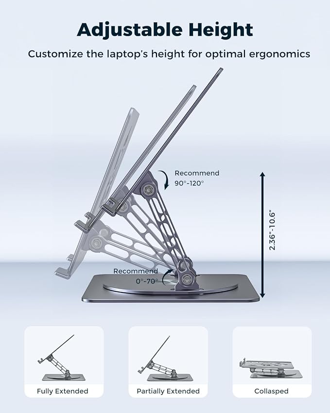 360° Rotating Laptop Stand for Desk | Adjustable, Foldable, Portable Aluminum Ergonomic Riser | Compatible with MacBook, Dell, HP & All Laptops 10-16 inch | Gray