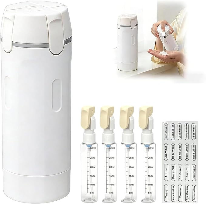 4 in 1 Travel Dispenser, 4 Pack 30ML Travel Bottles with Measurement Scale & Label Stickers for Toiletries, Leak Proof Dispenser Bottle Containers for Shampoo Lotion Conditioner Cream (White)