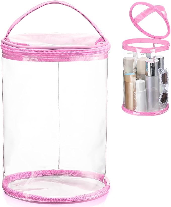 Sanwuta Clear Lotion Bag for Toiletry Sunscreen Cylinder Makeup Bag Heavy Duty Travel Organizer Pouch Waterproof Cosmetic Pouch with Handle Zipper Gift for Summer Beach Pool Airport Women(Pink)