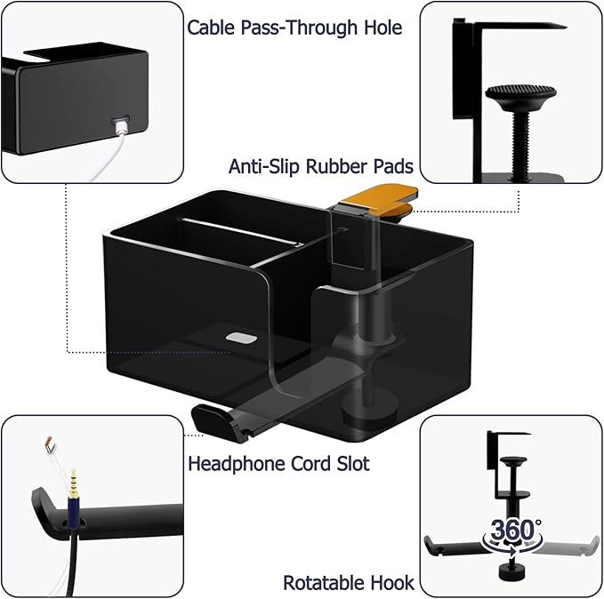 Yinqster 2/3/4 in 1 Desk Cup Holder and Headphone Hanger,Clip on Cup Holder with Rotating Headphone Stand & 2 Wire Holes,Detachable Side Desk Organization for Table,Office Accessories