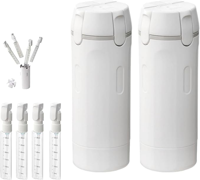 HISKI 4 in 1 Travel Bottles for Toiletries,Portable Travel Toiletries Bottle Set, Portable Containers for Shampoo Lotion Conditioner Cream Transparent with Scale and Label (White-2PC)