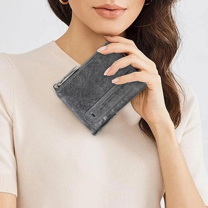 CONTACTS Soft Leather Wallet for Women and Men Small Bifold Coin Purse Double Zipper Card Holder with RFID Blocking (Gray)