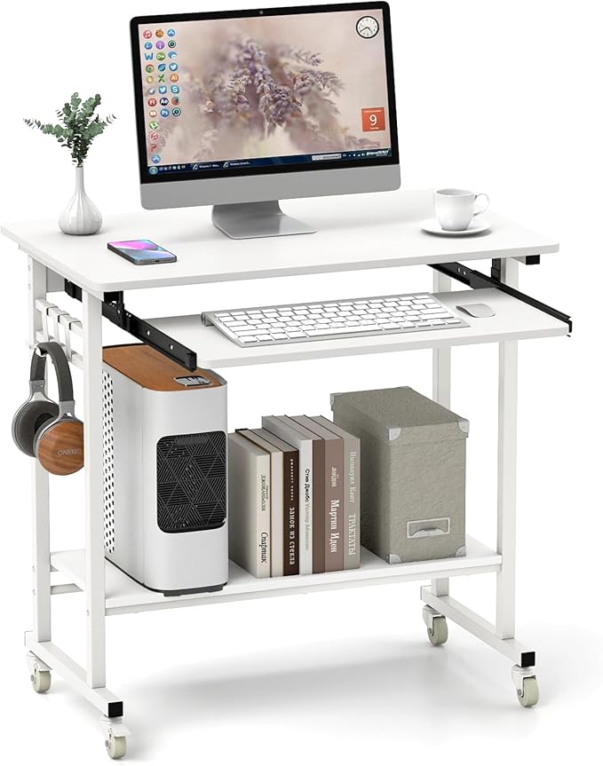 Tangkula Rolling Computer Desk Cart with Keyboard Tray, Mobile Portable Laptop PC Desk with CPU Stand & 3 Hooks for Sofa & Bed, Compact Small Desk on Wheels for Small Spaces (White)