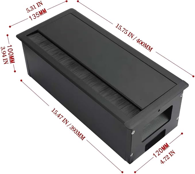 Aluminum Cable Management Box Under Desk No-Drill - Flip-Top Cable Organizer with Dustproof Brush, Clamp-On 16" Long Cable/Cord Management Tray Black for Home Office Standing Desk