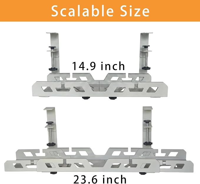 Under Desk Cable Management Tray 15.4-26 Inches Bidirectional Extendable Metal Cable Organizer with Clamp Mount, No Drill Wire Management System for Home Office & Gaming Desk(Light Gray)