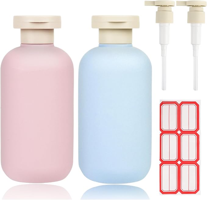 6.8oz Refillable Shampoo and Conditioner Bottles, 2PCS Squeezable Travel Shampoo Bottles with Flip Cap and 2PCS Pump Dispenser and Labels
