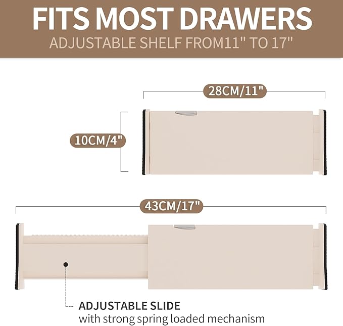 Drawer Dividers Organizer 9 Pack, Adjustable Separators 4" High Expandable from 11-17" for Bedroom, Bathroom, Closet, Clothing, Office, Kitchen (Beige, 9 PACK)