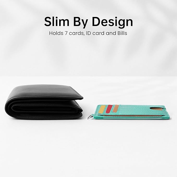 Mayski Slim Wallet, Credit Card Holder for Women, Minimalist Front Pocket RFID Blocking Card Cases, Small Wallet Women Men(Litchi Ocean Green)