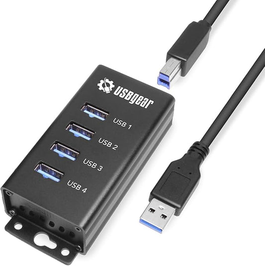 USBGear 4 Port USB Hub 3.2 Gen 1 – Mountable SuperSpeed Data Hub with USB Ports for Laptop, PC, Desktop, and More, 5V/2A Power Adapter with Type-A to Type-B Cable (3ft), Computer Accessories