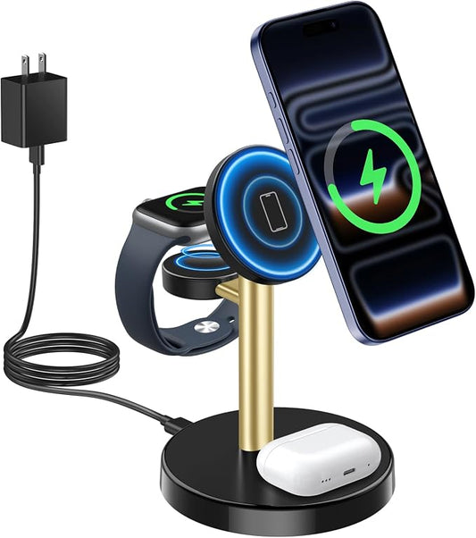 Aeinidi 2026 3 in 1 Wireless Charging Station Compatible with MagSafe Charger Stand, 15W Fast Magnetic Mag-Safe Charger for iPhone 17 16 15 14 13 12 Series Apple iWatch AirPods Pro 4 3 2, BlackGold