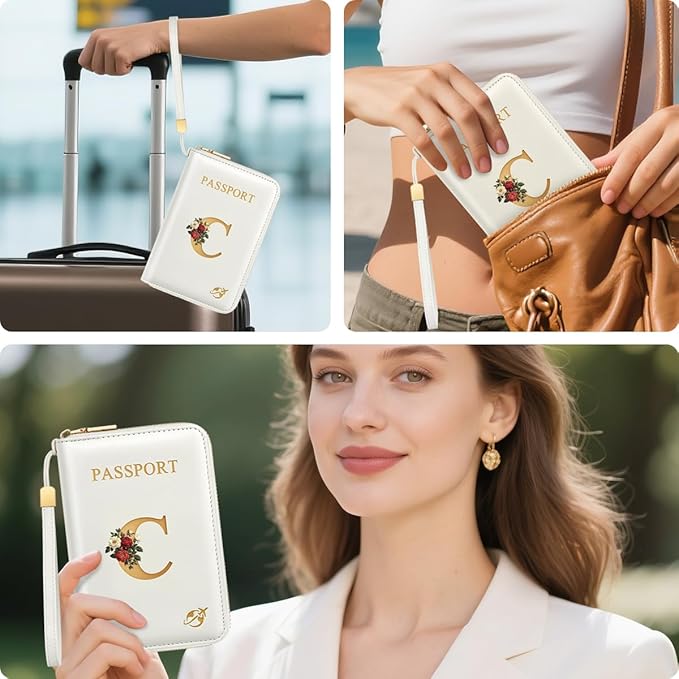 Passport Holder for Travel Personalized Passport Holder Initial Letter Rose Flower RFID Blocking Travel Wallets Credit Cards Holder for Women Men, White C