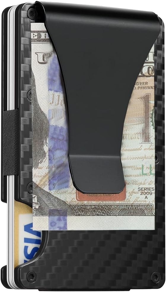 Carbon Fiber Slim Wallet for Men,RFID Blocking Minimalist Metal Wallet, Money Clip/Cash Holder, Front Pocket Aluminum Credit Card Holder, Ideal Gift for Men,Carbon Fiber