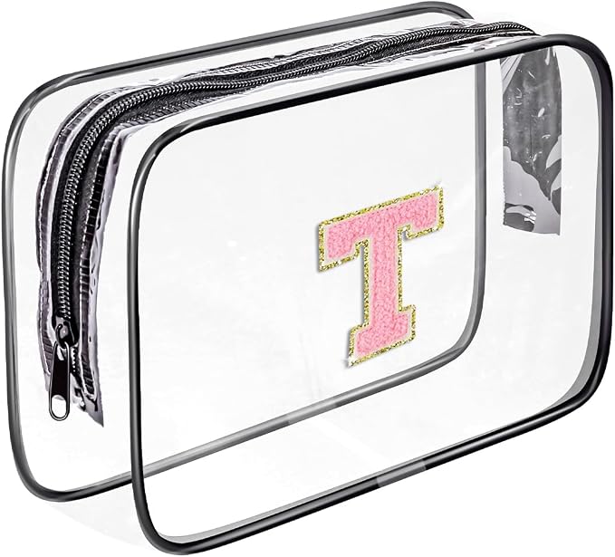 Clear Toiletry Bag,Portable Travel Toiletry Bag,Chenille Letter Cosmetic Bag with Zipper,Waterproof Makeup Bag,Cosmetic Storage Organizer for Women Men,Travel Essentials (Black,T)